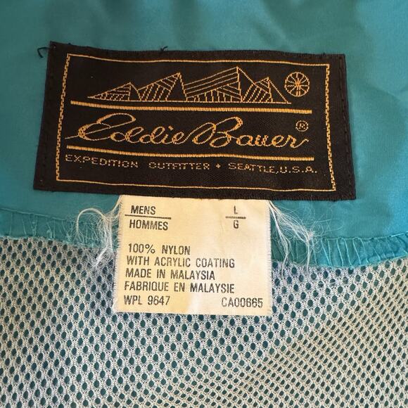 VTG Eddie Bauer Mens L Teal Green Zip Up Hooded Windbreaker Jacket 80's Pockets - Picture 13 of 14